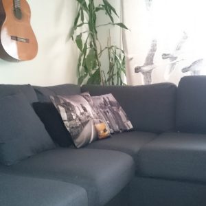 Olohuone, sohva ja kitara
